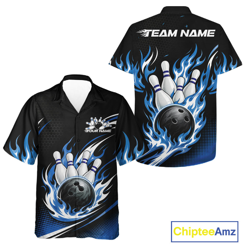 Custom bowling-themed short-sleeve button-up shirt shown from both front and back. The black shirt features blue flame graphics surrounding a bowling ball and pins