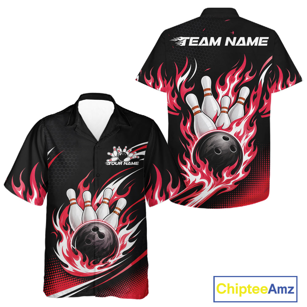 Custom bowling-themed short-sleeve button-up shirt shown from both front and back. The black shirt features red flame graphics surrounding a bowling ball and pins