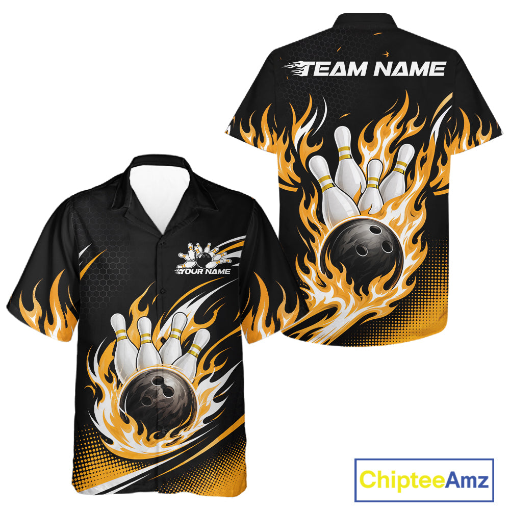 Custom short-sleeve bowling button up shirt shown from both front and back views. The shirt is black with a vibrant yellow, orange flame graphic surrounding a bowling pin and ball design.