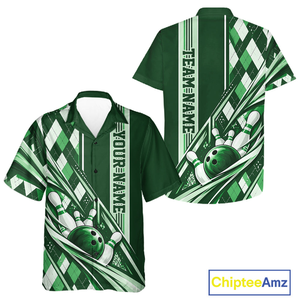 Custom Green Argyle Pattern Retro Bowling Men And Women Button Up Shirt, Team Uniform IPHW12374