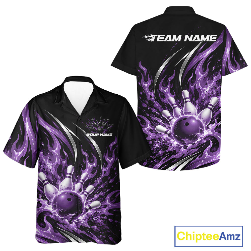 Custom Purple Flame Bowling Button Up Shirt For Men And Women, Bowling Tournament Jersey Bowler Outfit IPHW12388