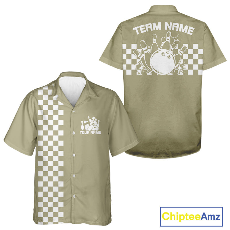 Custom Vintage Checkboard Bowling Hawaiian Shirt, Retro Bowling Button Up Shirt IPHW10076