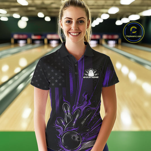 Custom Black And Purple US Flag Patriotic Women Bowling Shirt, American Flame Bowling Jersey IPHW10642