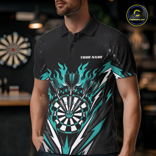Custom Black And Turquoise Blue Flame Bullseye Darts Men Polo Shirt, Darts Team Jerseys IPHW11718