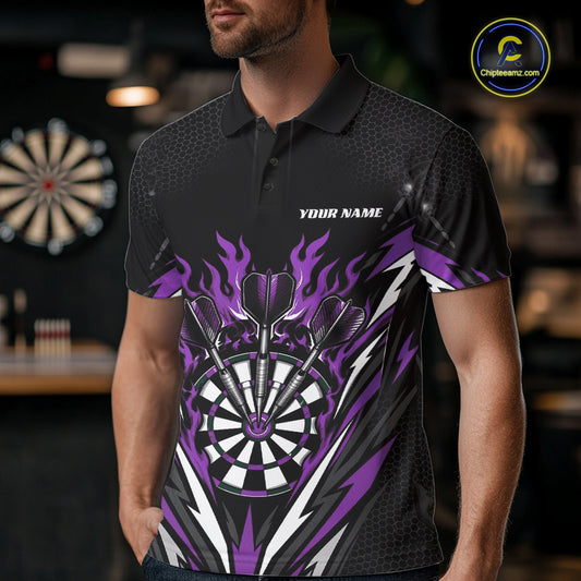 Custom Black And Purple Flame Bullseye Darts Men Polo Shirt, Darts Team Jerseys IPHW11720
