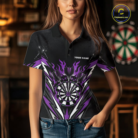 Custom Black And Purple Flame Bullseye Darts Women Polo Shirt, Darts Team Jerseys IPHW11720