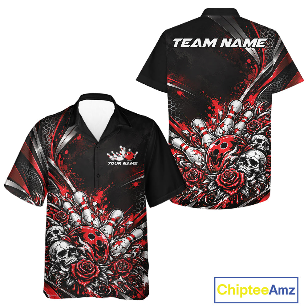Custom Black And Red Skull Roses Bowling Team Men And Women Button Up Shirt, Bowling League Jersey IPHW12848