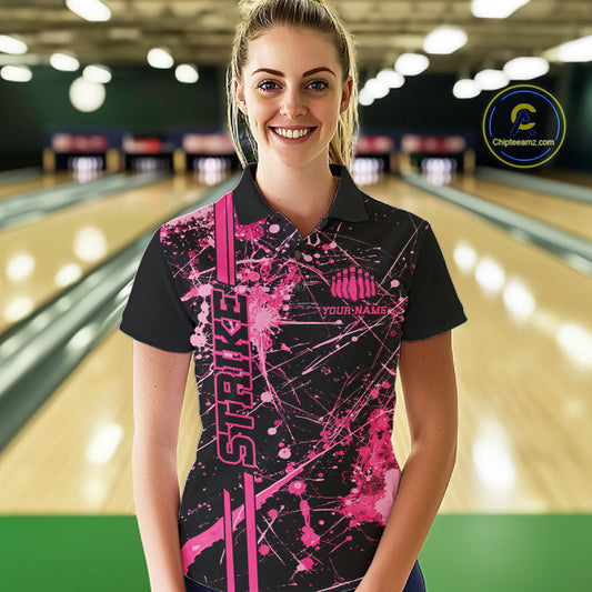 Custom Black And Pink Splatter Camo Strike Bowling League Shirts, Women Bowling Jerseys IPHW10651