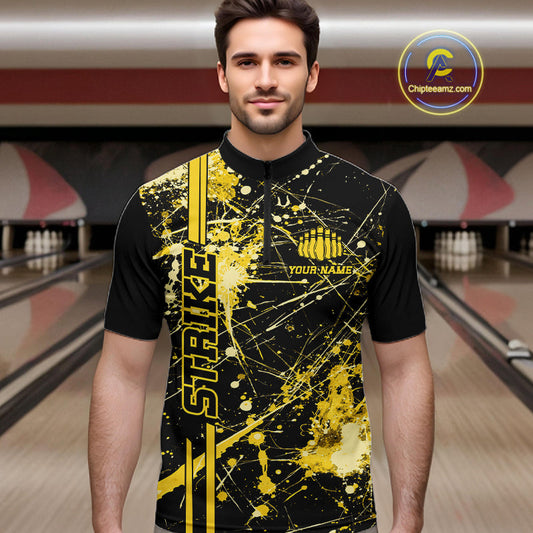 Custom Black And Yellow Splatter Camo Strike Bowling League Shirts, Men Bowling Jerseys IPHW10654