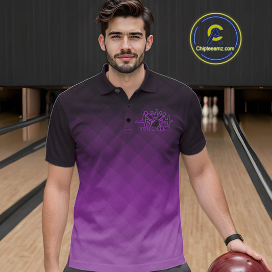 Bowling Heartbeat Pulse Line Purple Argyle Custom Bowling Team Polo Shirts For Men IPHW10665