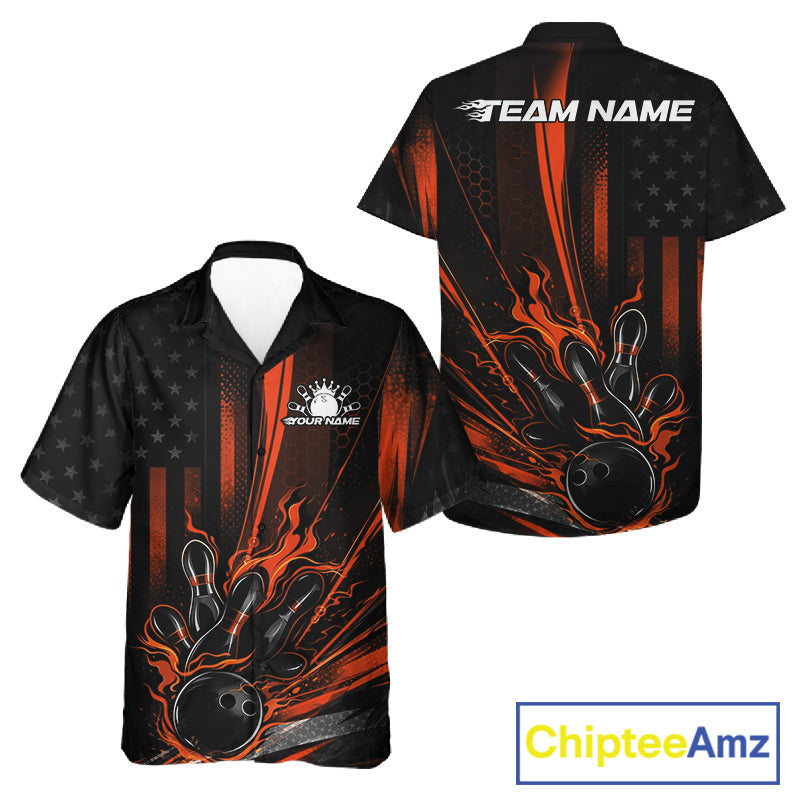 Front and back view of a black and orange button-up bowling shirt featuring distressed American flag theme with a bowling ball striking pins.