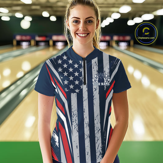 Grunge American Flag Custom Vintage Patriotic Bowling Women Shirt, Bowler Outfit IPHW12406