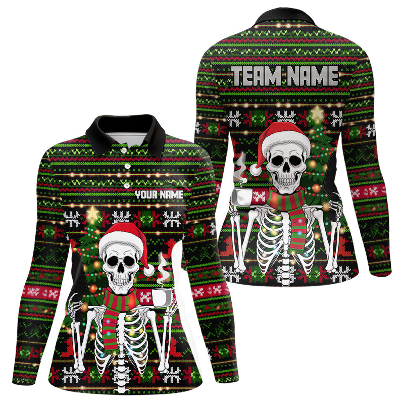 Custom Ugly Sweater Pattern Skull Christmas Pickleball Long Sleeve Polo Shirts For Women IPHW8085