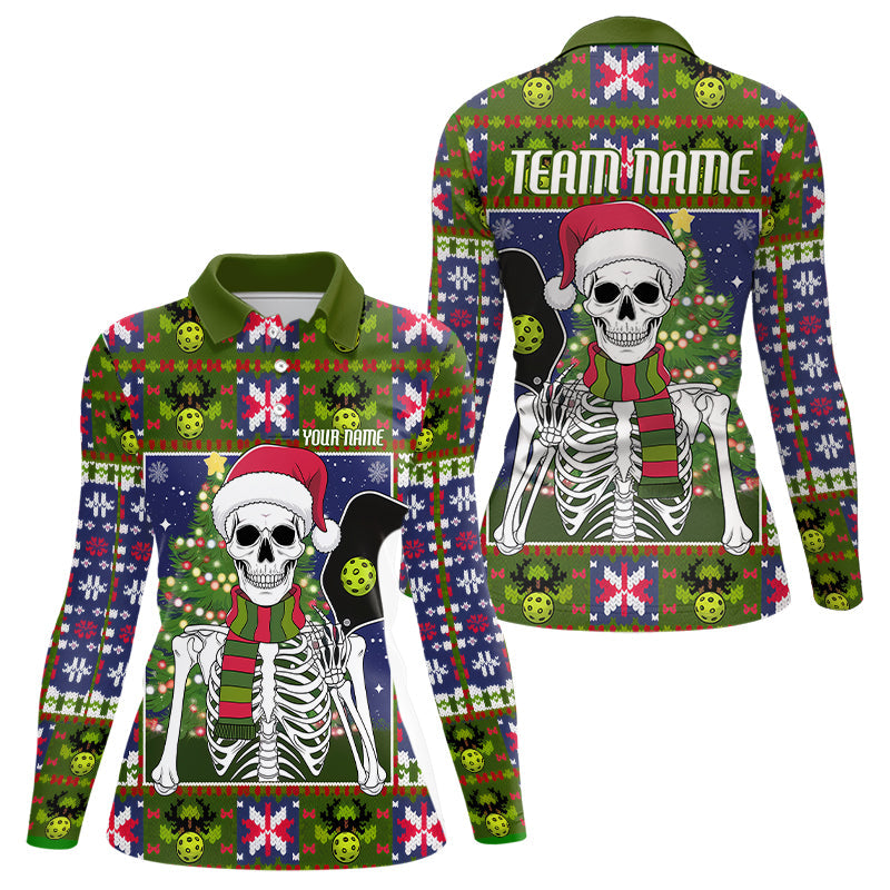 Funny Custom Ugly Sweater Pattern Skull Christmas Ladies Pickleball Long Sleeve Polo Shirts IPHW8087