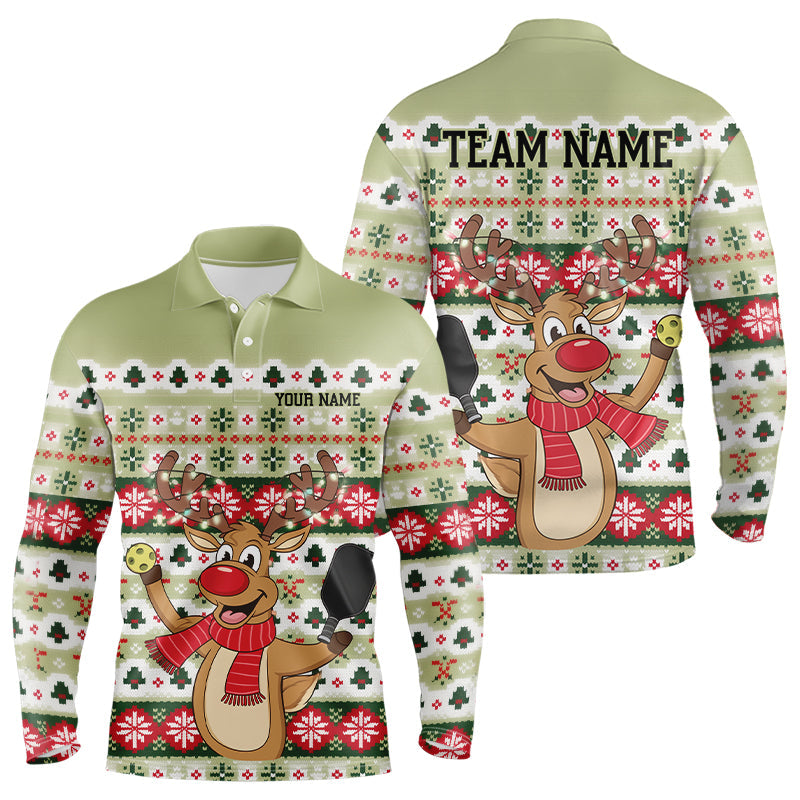 Custom Funny Christmas Reindeer Pickleball Long Sleeve Polo Shirts For Men, Pickleball Outfit IPHW8089