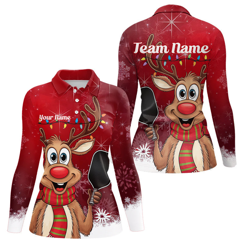 Custom Funny Christmas Reindeer Ladies Pickleball Long Sleeve Polo Shirt, Pickleball Outfit IPHW8096