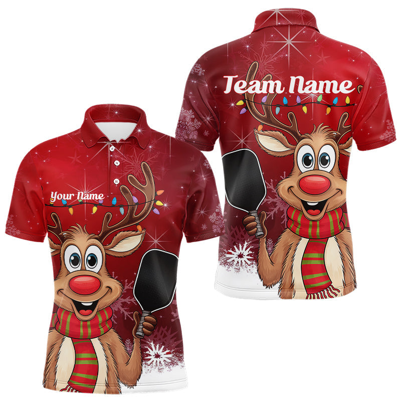 Custom Funny Christmas Reindeer Pickleball Polo Shirts For Men, Xmas Pickleball Outfit IPHW8096