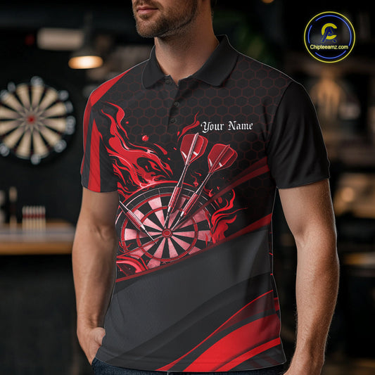 Custom Red Fire Flame Dartboard Darts Team Men Polo Shirts, Dart League Shirts IPHW10377