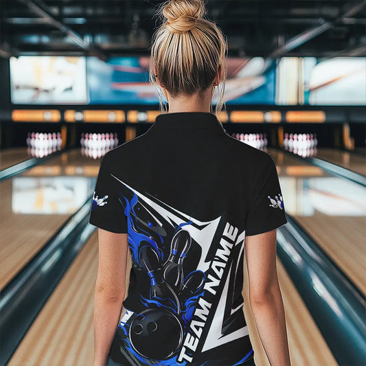 Custom Black And Blue Flame Strike Bowling Polo Shirts For Women, Strike Bowling Jerseys IPHW8313