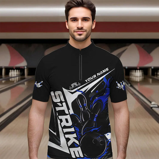 Custom Black And Blue Flame Strike Bowling Quarter-Zip Shirts For Men, Strike Bowling Jerseys IPHW8313