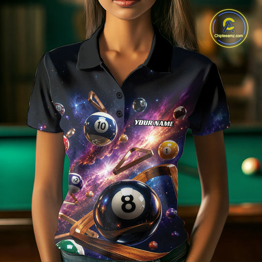 A woman wearing a short-sleeve billiard polo shirt with a detailed 3D print of billiard balls over a cosmic galaxy background.