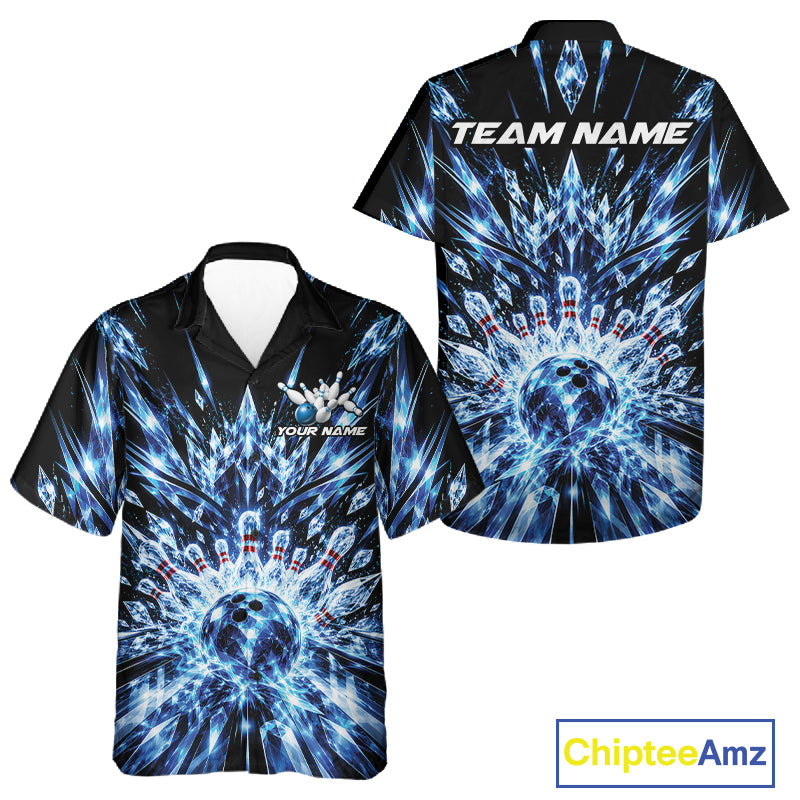 Custom Icy Blue Crystal Ice Bowling League Team Button Up Shirt For Men And Women, Bowling Jersey IPHW12440