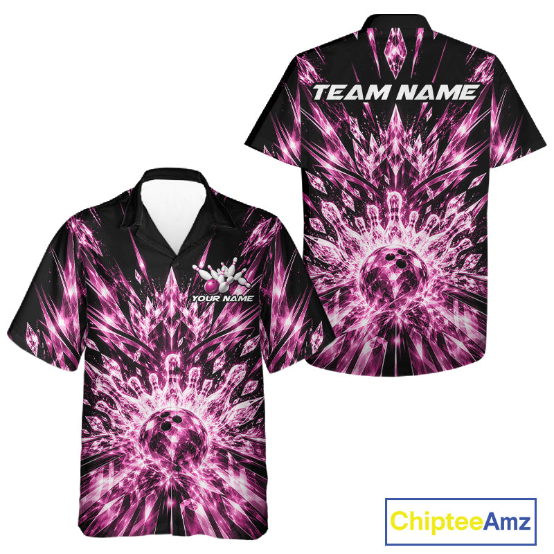 Custom Icy Pink Crystal Ice Bowling League Team Button Up Shirt For Men And Women, Bowling Jersey IPHW12441