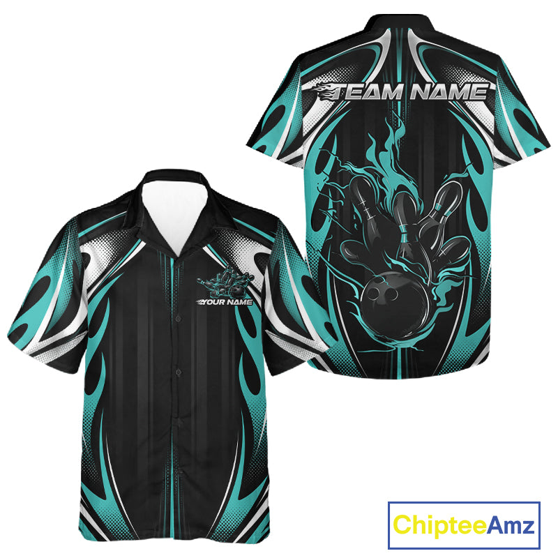 Custom Turquoise Blue Flame Bowling Team Jersey, Bowling League Men And Women Button Up Shirt IPHW12136