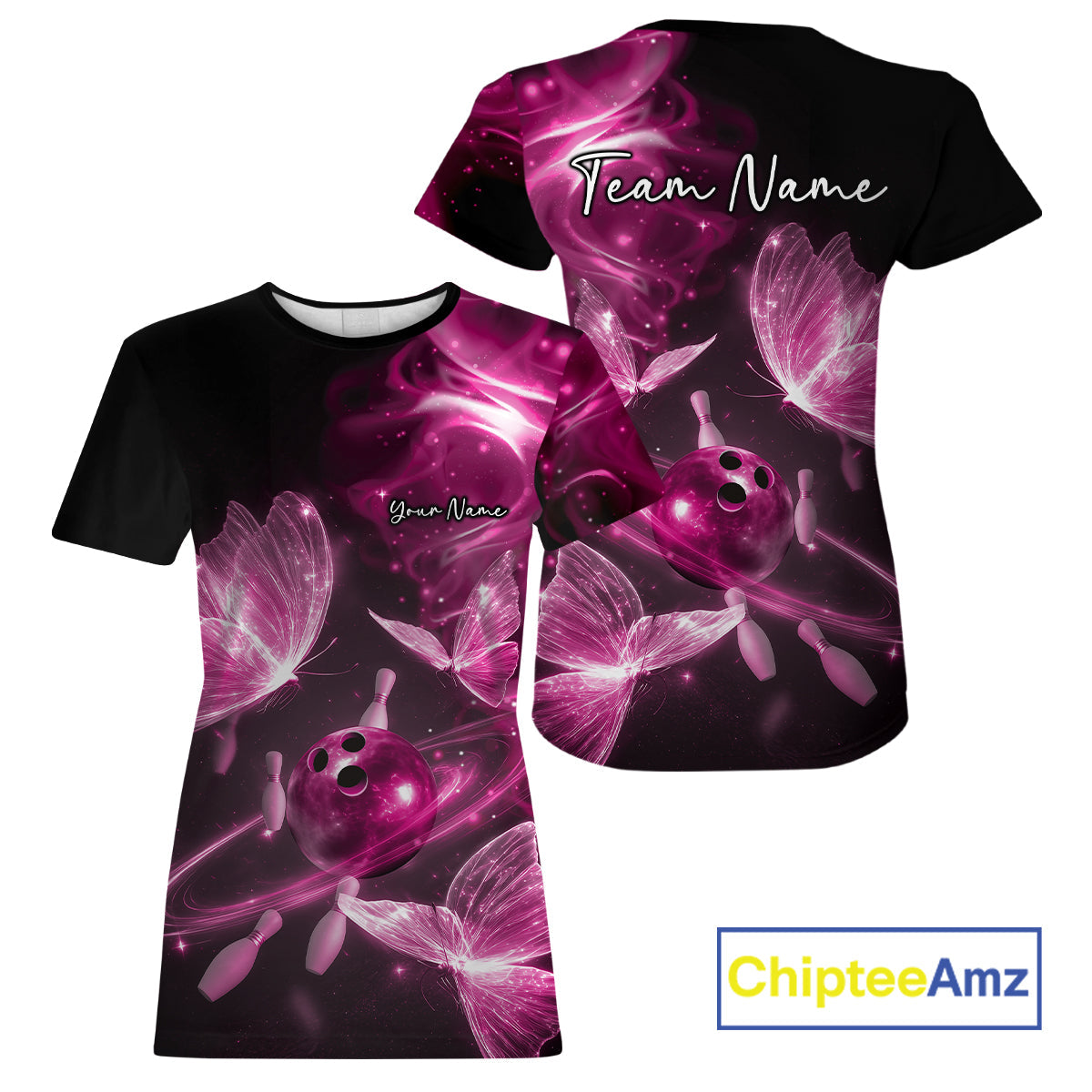 Custom Ethereal Pink Butterflies Bowling Team Women T-Shirts, Ladies Bowling Outfit IPHW10240