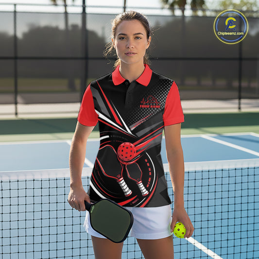 Custom Black And Red Pickleball Ball And Paddles Pickleball Women Polo Shirt IPHW11898