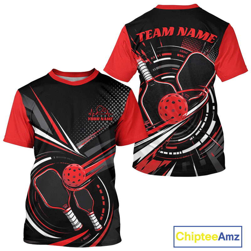 Custom Black And Red Pickleball Ball And Paddles Pickleball Men T-Shirts IPHW11898