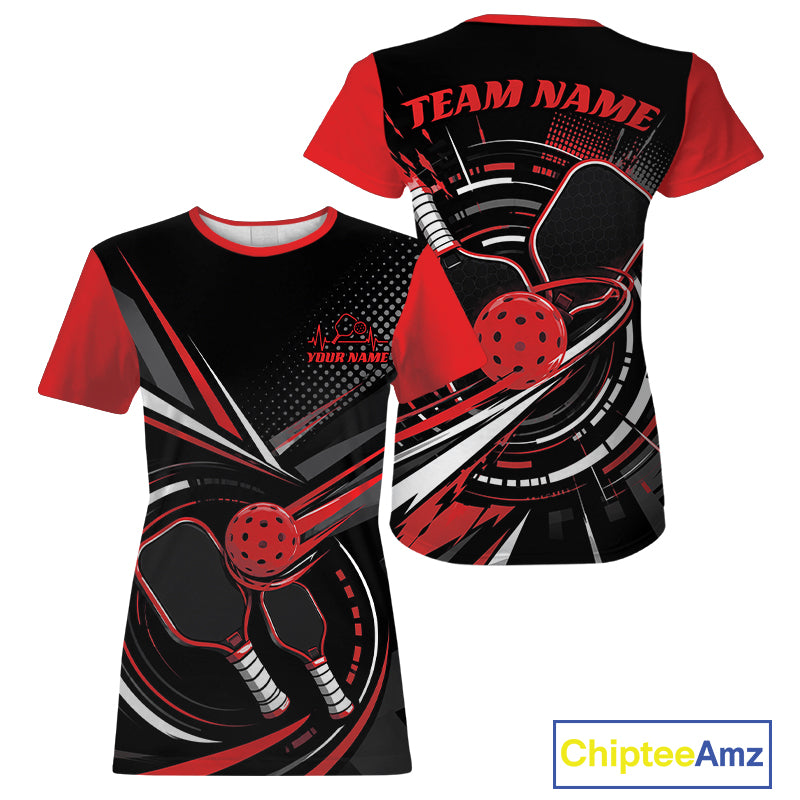 Custom Black And Red Pickleball Ball And Paddles Pickleball Women T-Shirts IPHW11898