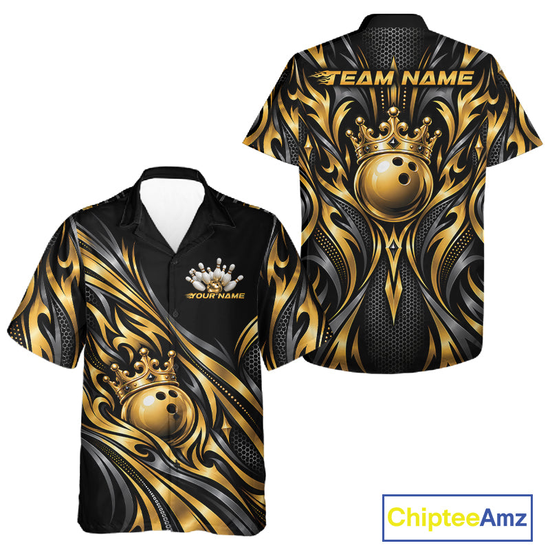 Custom Black And Gold Tribal Crown Bowling Men And Women Button Up Shirt, Bowling League Team Shirt IPHW12284