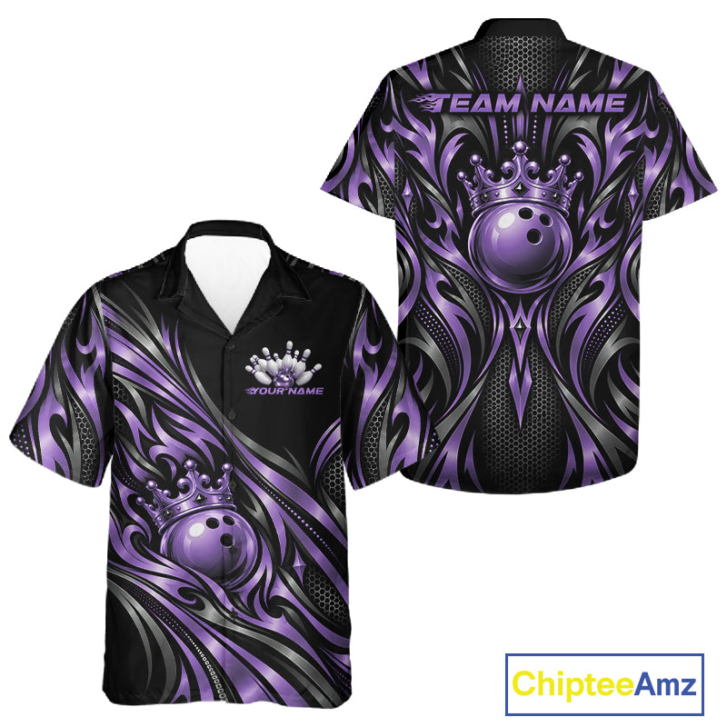 Custom Black And Purple Tribal Crown Bowling Men And Women Button Up Shirt, Bowling League Team Shirt IPHW12285