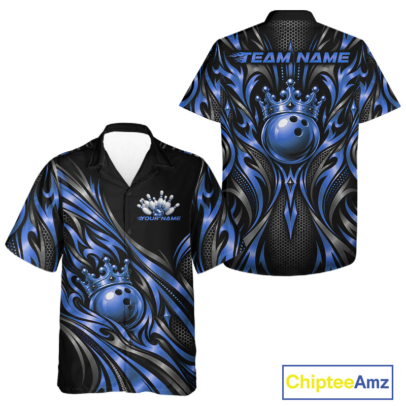 Custom Black And Blue Tribal Crown Bowling Men And Women Button Up Shirt, Bowling League Team Shirt IPHW12286