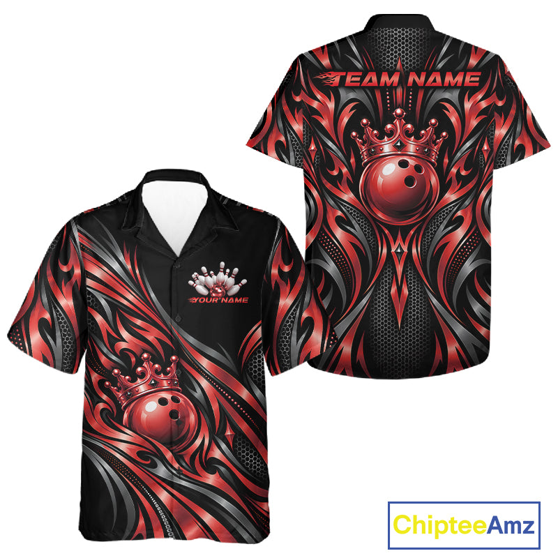 Custom Black And Red Tribal Crown Bowling Men And Women Button Up Shirt, Bowling League Team Shirt IPHW12287
