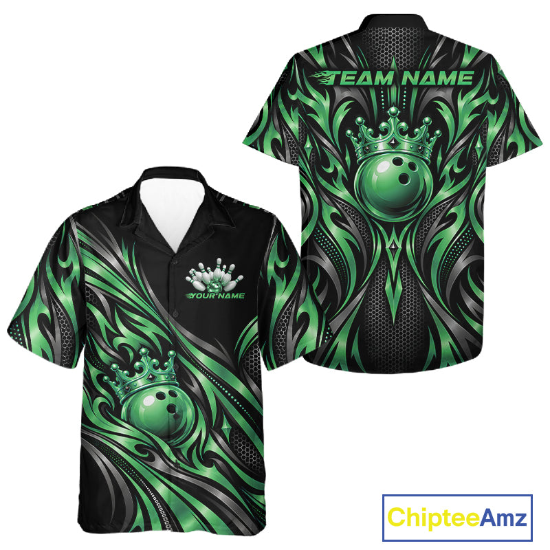 Custom Black And Green Tribal Crown Bowling Men And Women Button Up Shirt, Bowling League Team Shirt IPHW12288