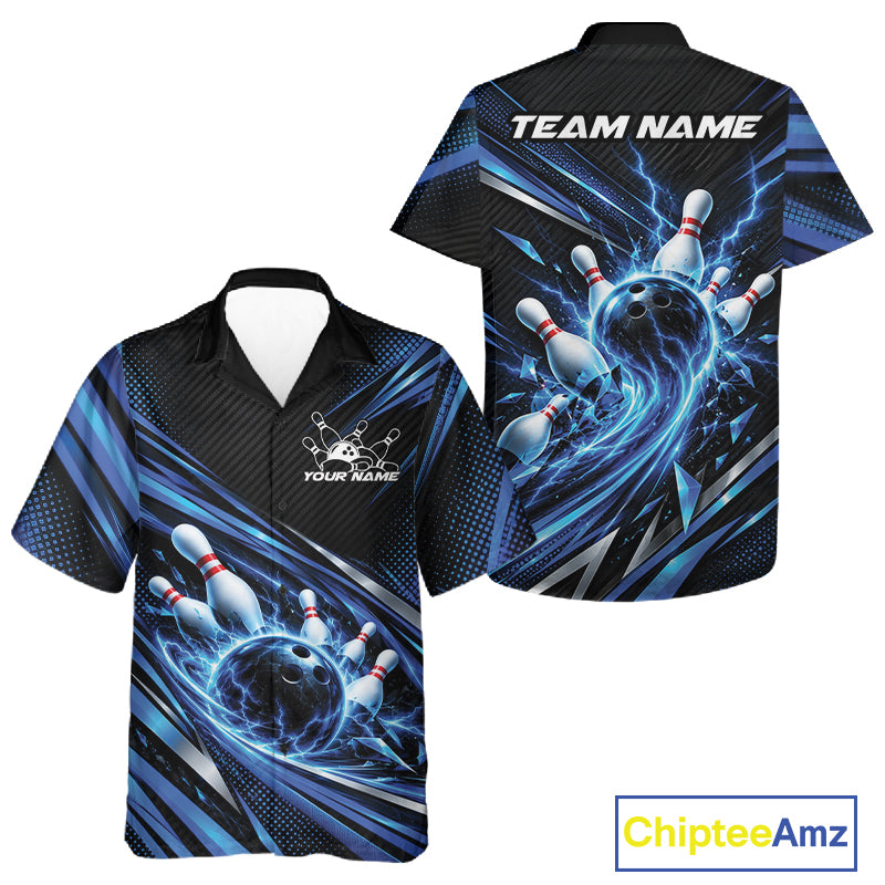 Custom Blue Lightning Bowling Team Men And Women Button Up Shirt, Bowling League Bowler Outfit IPHW12305