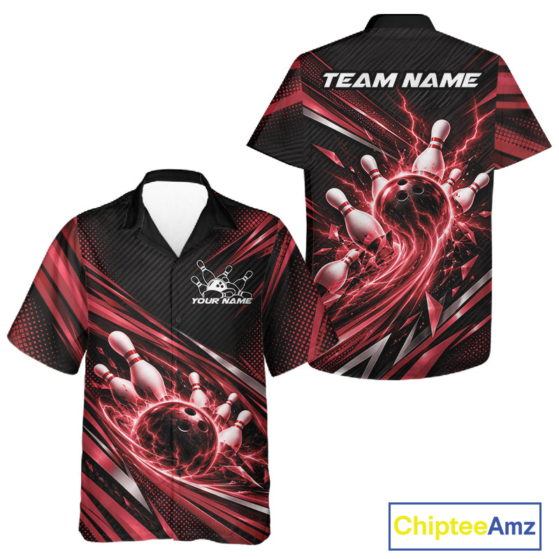 Custom Red Lightning Bowling Team Men And Women Button Up Shirt, Bowling League Bowler Outfit IPHW12306