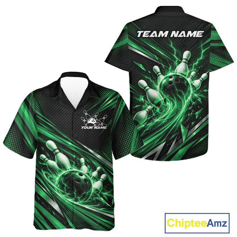 Custom Green Lightning Bowling Team Men And Women Button Up Shirt, Bowling League Bowler Outfit IPHW12307