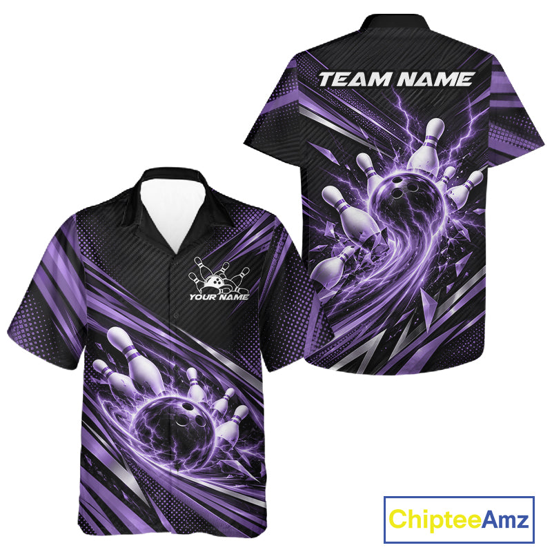 Custom Purple Lightning Bowling Team Men And Women Button Up Shirt, Bowling League Bowler Outfit IPHW12308