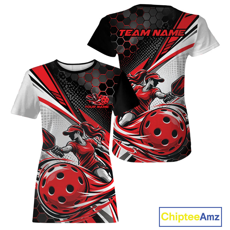 Custom Red Energy Pickleballer Women T-Shirts, Pickleball Tournament Team Uniform IPHW12757