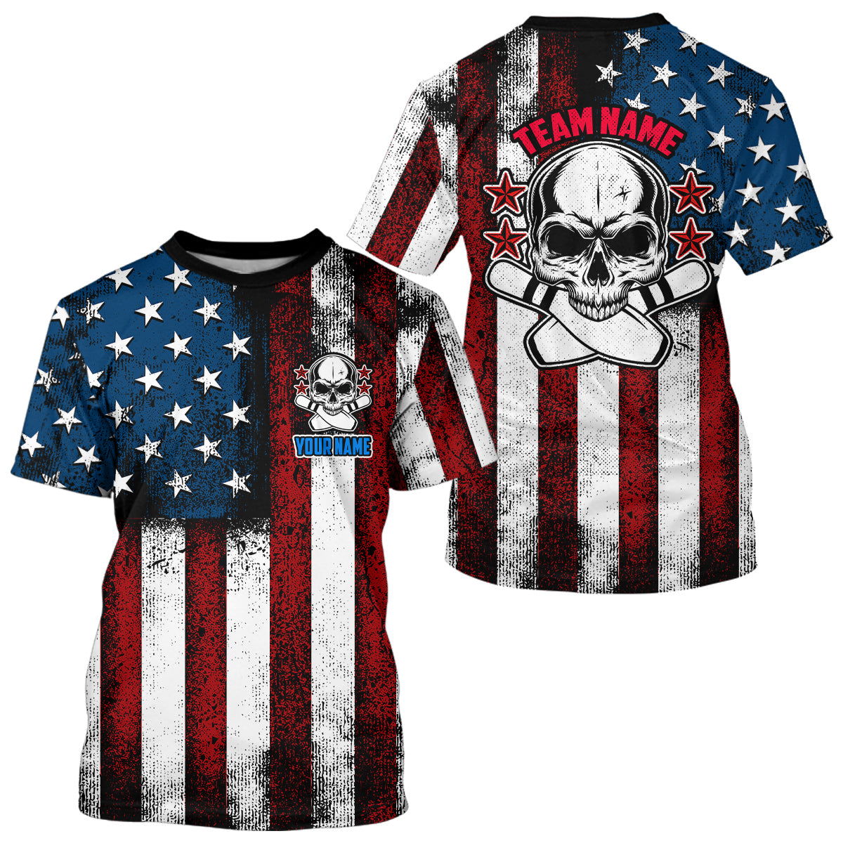 American Flag Skull Custom Team Bowling T-Shirts For Men, Patriotic Bowling Jerseys IPHW5157