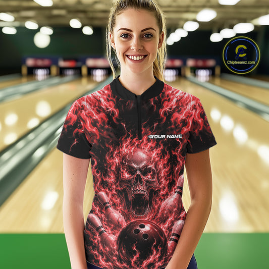 Custom Red Fire Flame Skull Bowling Jersey, Halloween Bowling Women Quarter-Zip Shirt IPHW11994
