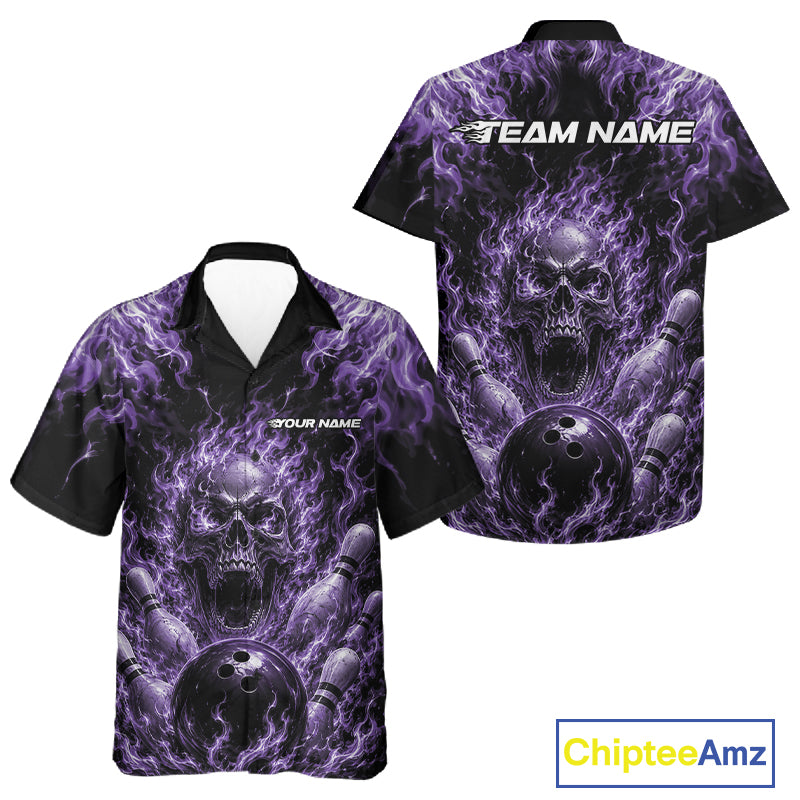 Custom Black And Purple Fire Flame Skull Bowling Jersey, Halloween Bowling Men And Women Button Up Shirt IPHW11997