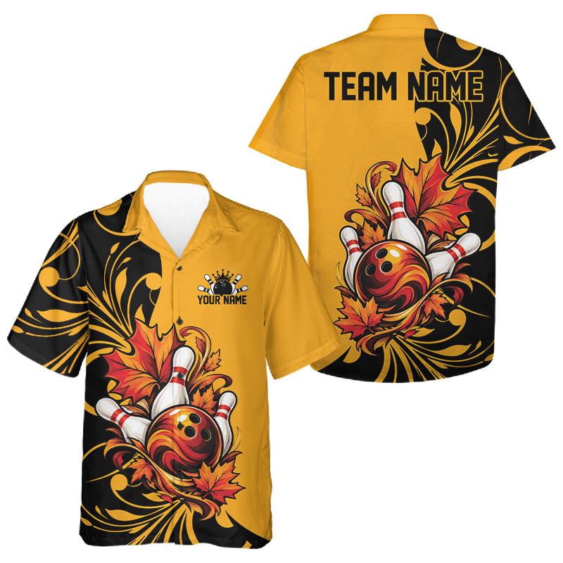 Custom Black And Yellow Autumn Maple Leaf Thanksgiving Bowling Team Men And Women Button Up Shirt IPHW12801