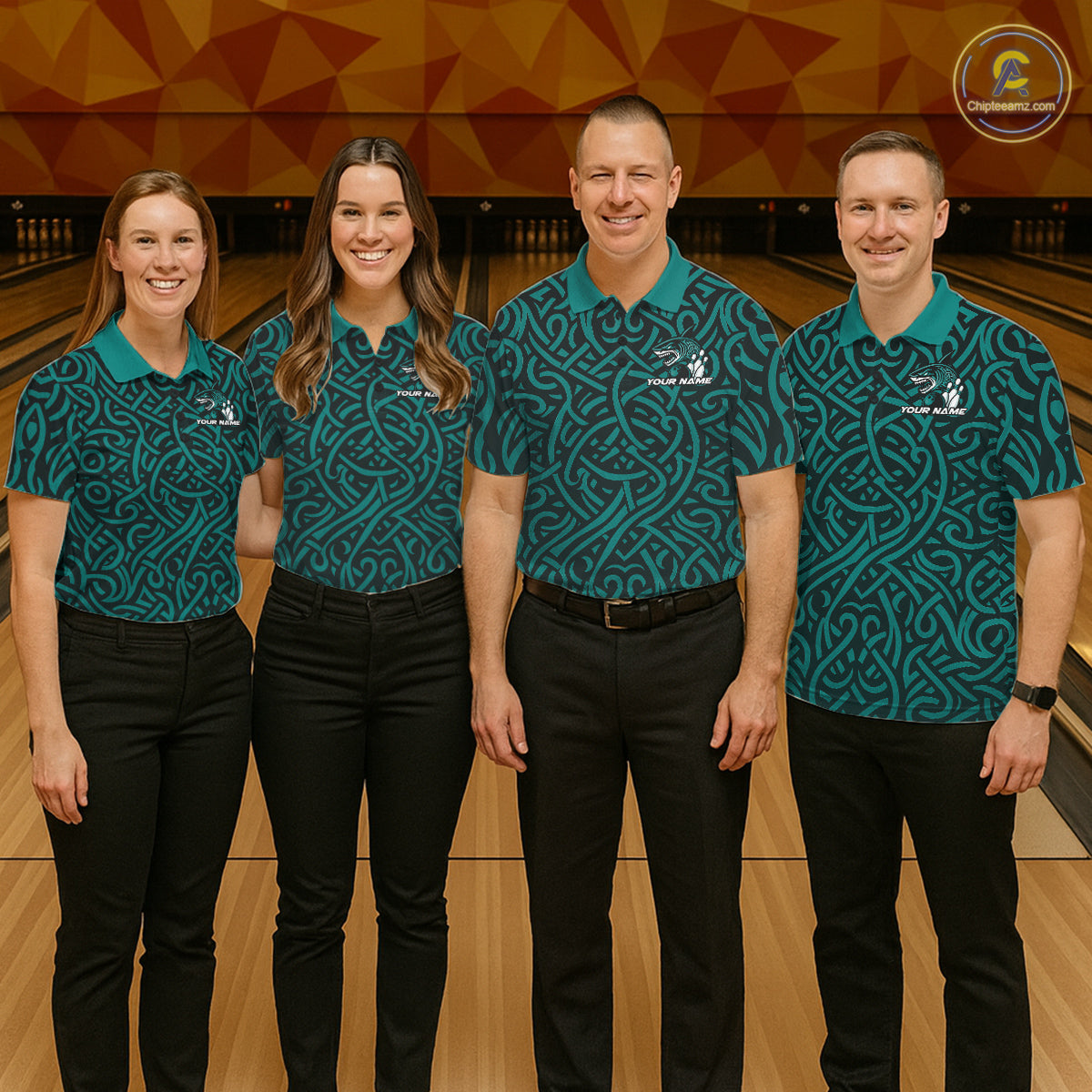 Custom Blue Tribal Shark Bowling Team Men Polo Shirt, Shark Bowling Tournament Shirt IPHW10177