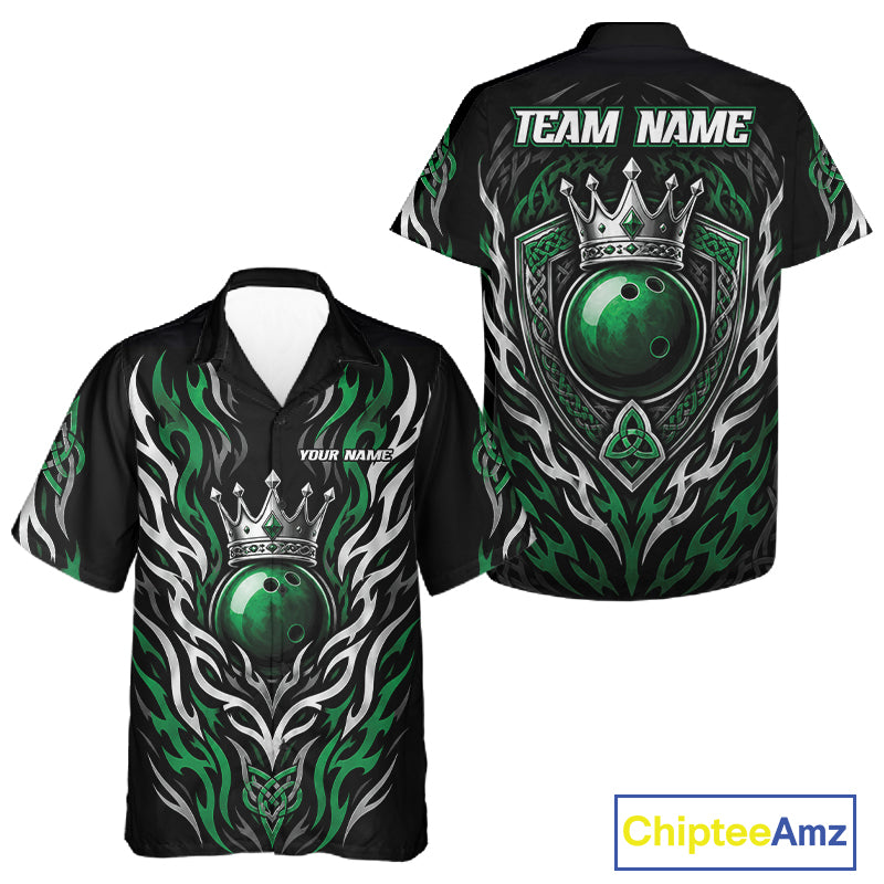 Black short-sleeve bowling button up shirt shown from the front and back, featuring a green bowling ball under a silver crown with white tribal flame-like patterns. Custom text areas are visible on the front and back, and a ChipteeAmz logo appears in the bottom right corner.