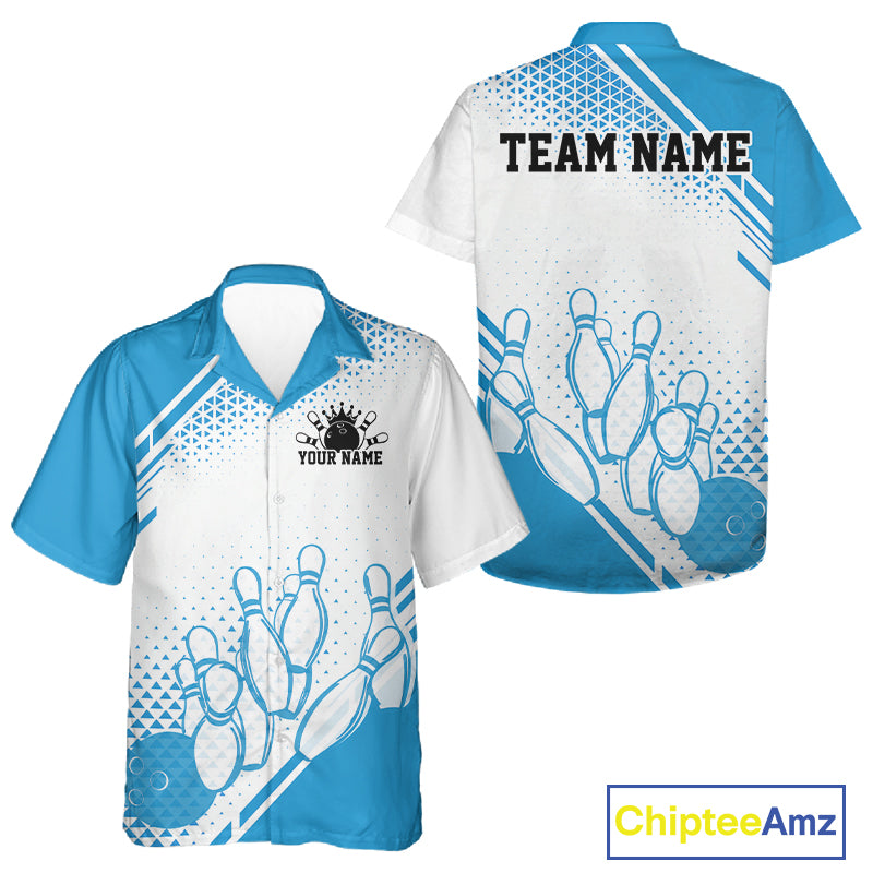 Custom White And Blue Geometric Classic Retro Bowling Team Men And Women Button Up Shirt IPHW12059