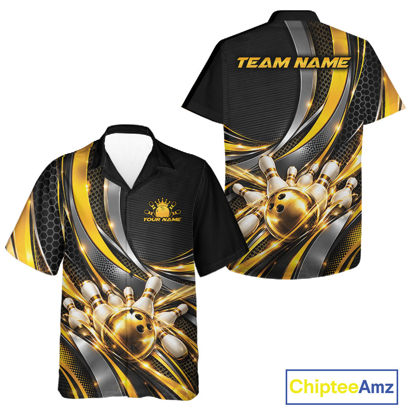 Custom Black And Gold Tournament Team Button Up Shirt For Men And Women, Bowling Uniform IPHW12832